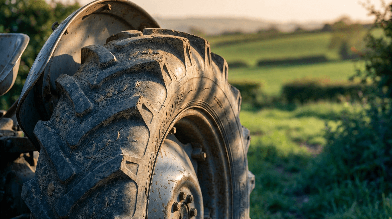 Mud-caked utility vehicle tyres on grass after a job