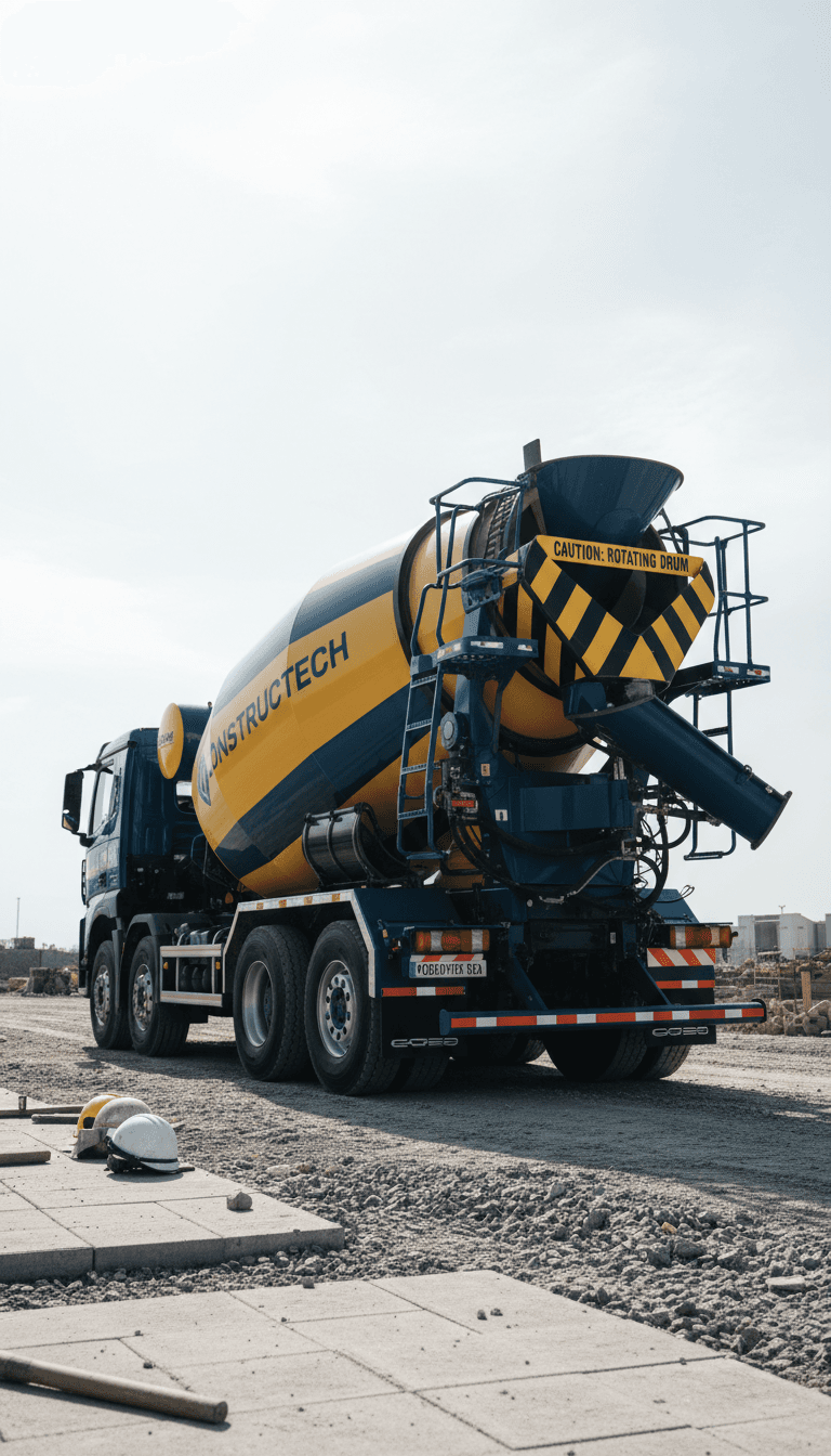Concrete mixer on ute tailgate with folded hi-vis vest
