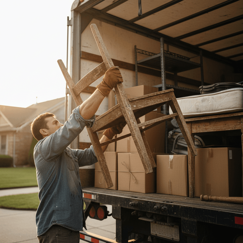 Person unloading a heavy-duty wheelbarrow from a trailer in driveway