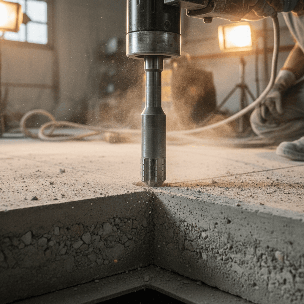 Concrete saw on a freshly cut path, dust settled