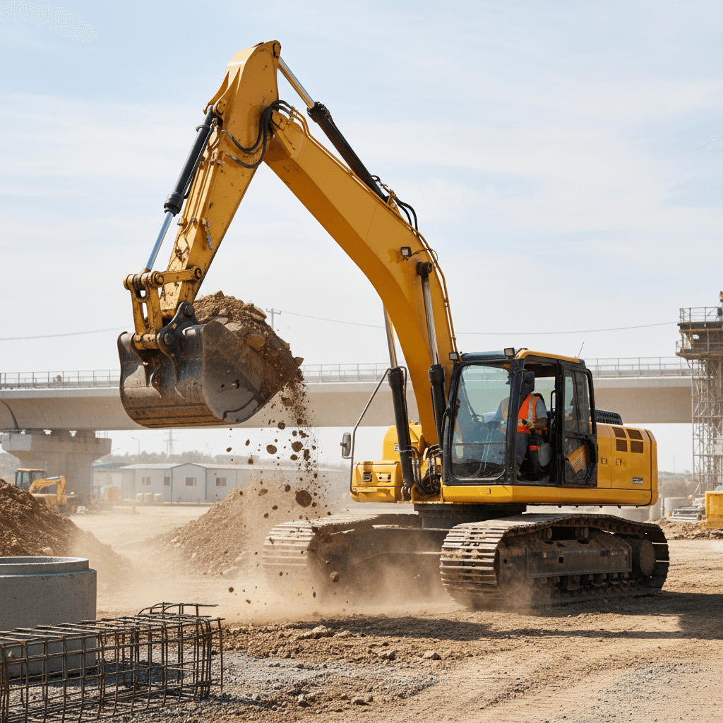 Mini excavator with mud on tracks parked on gravel driveway