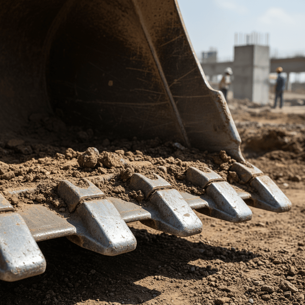 Close-up of excavator bucket teeth and weld lines
