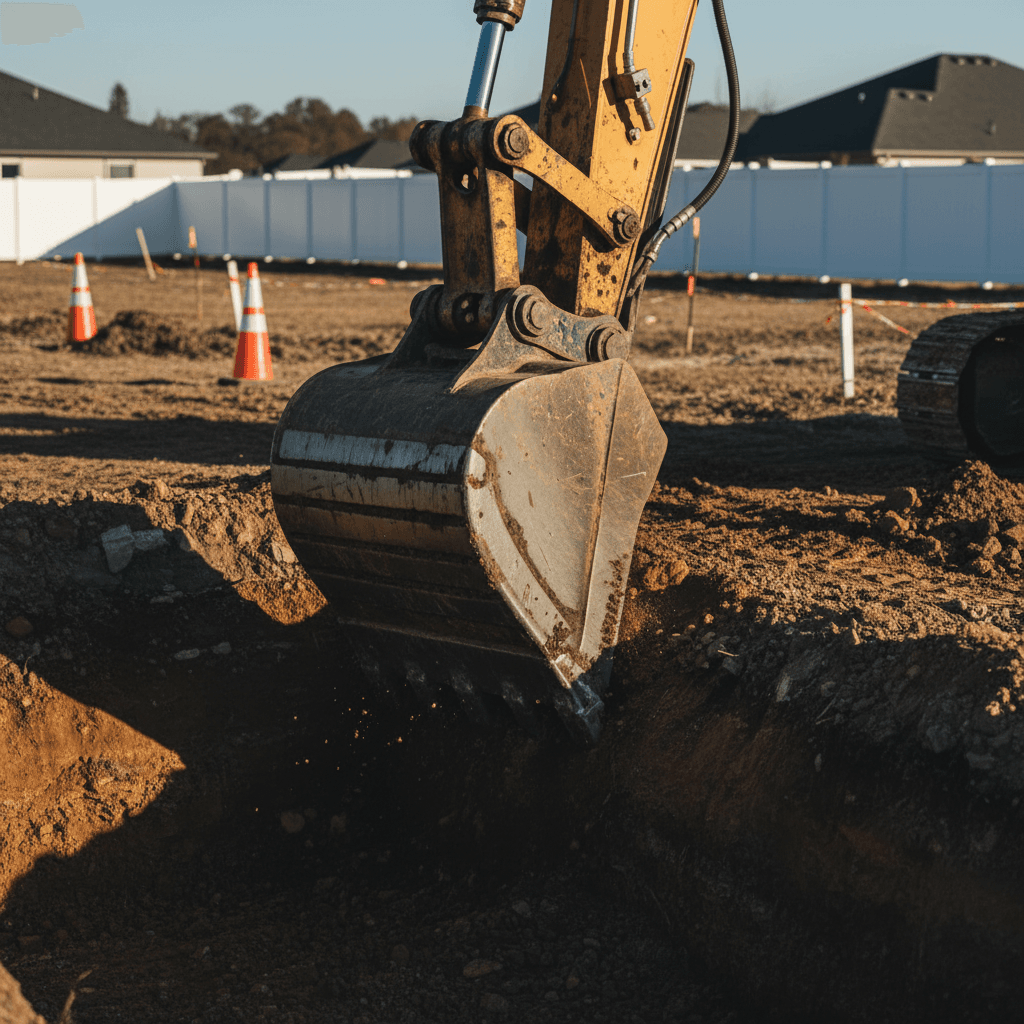 Small excavator on a building site in Adelaide, late afternoon sun